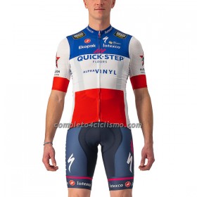 Completo Maglia + Pantaloncino con bretelle 2022 Quick-Step Alpha Vinyl Campione Francese Manica Corta Rosso Blu Bianco